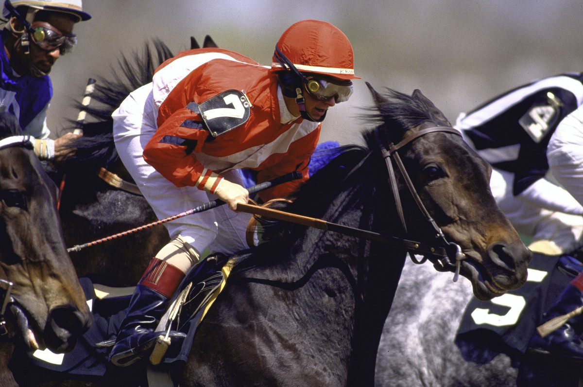Jockey Julie Krone during race at Aqueduct Racetrack. Jamaica, NY 4/19/1989